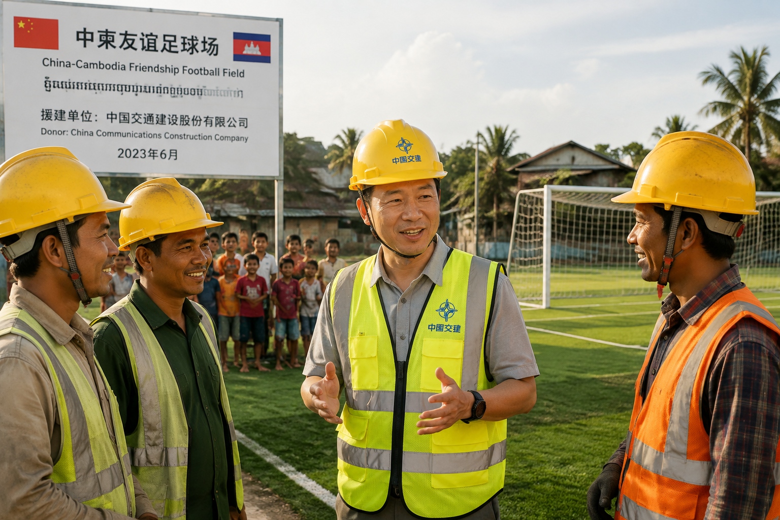 Chinese supervisor pointing at the new soccer field while talking with Cambodian villagers