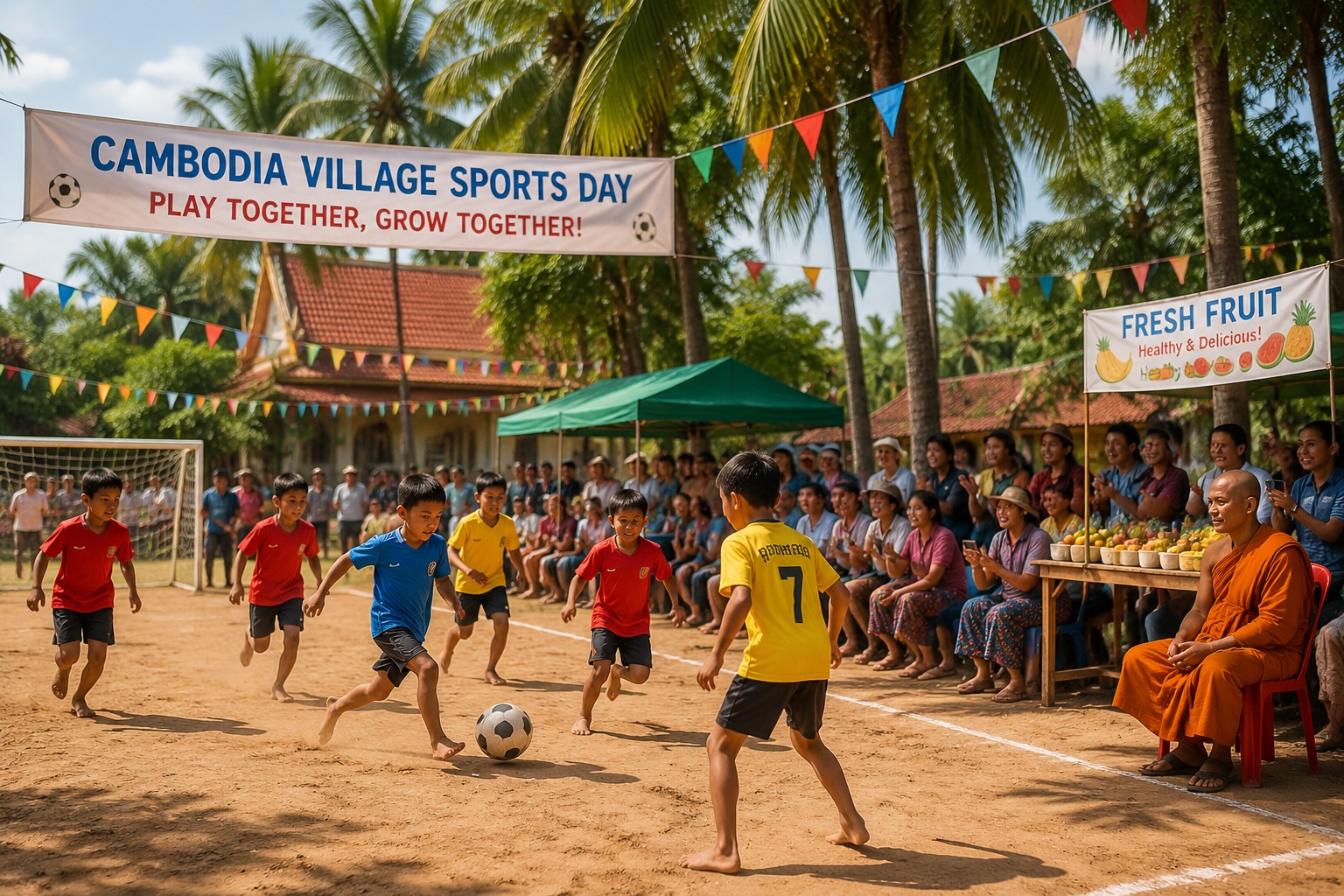 Village children playing a soccer match at a local sports day in Cambodia