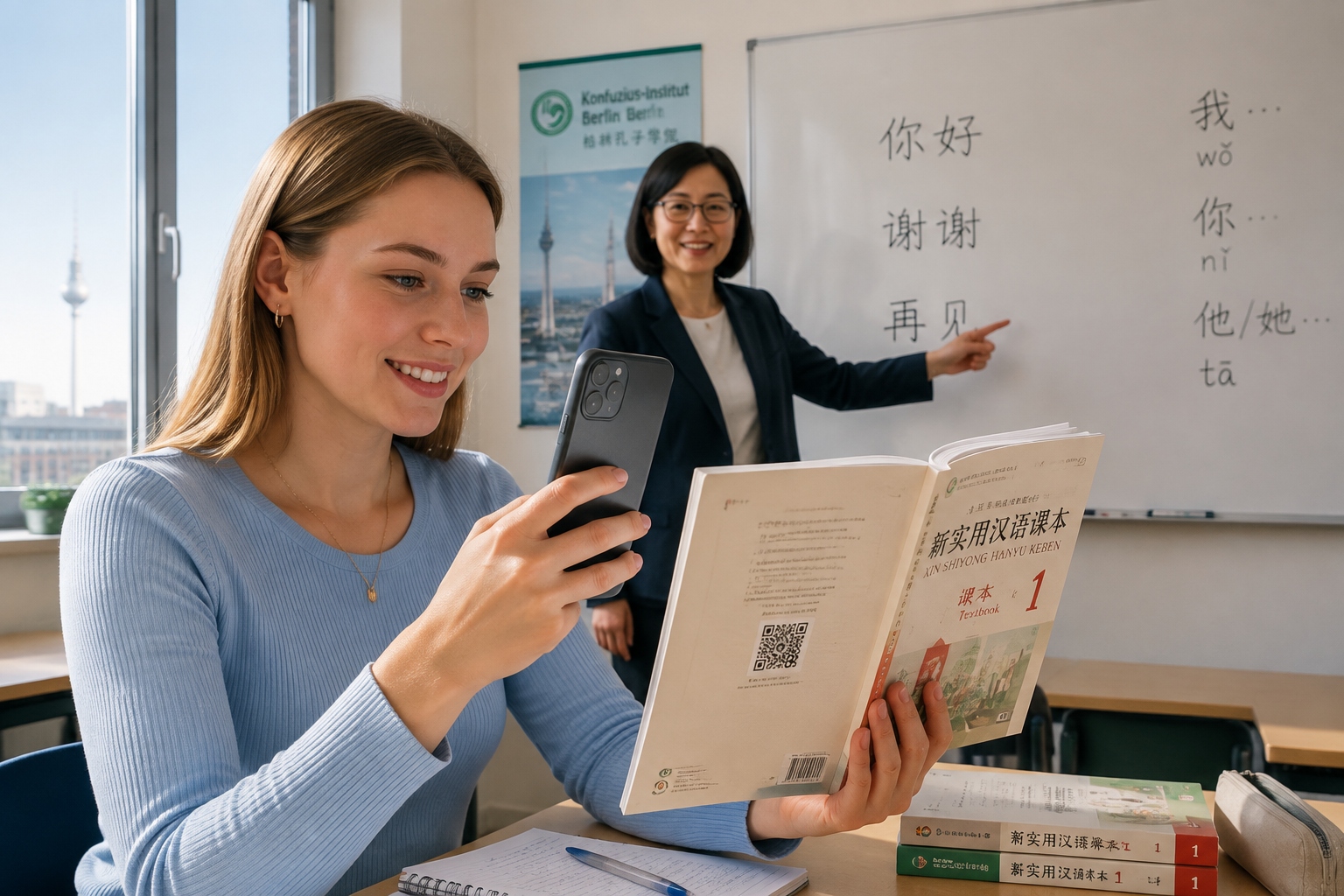 Student scanning a QR code in a Chinese textbook with her smartphone at a Confucius Institute in Berlin