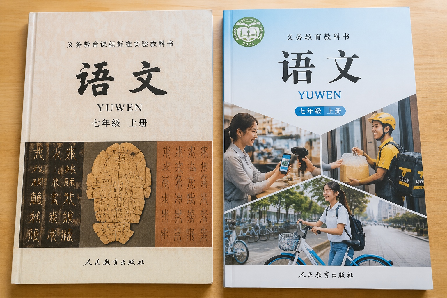 Comparison of an old Chinese textbook with oracle bone illustrations and a new textbook with modern life photos
