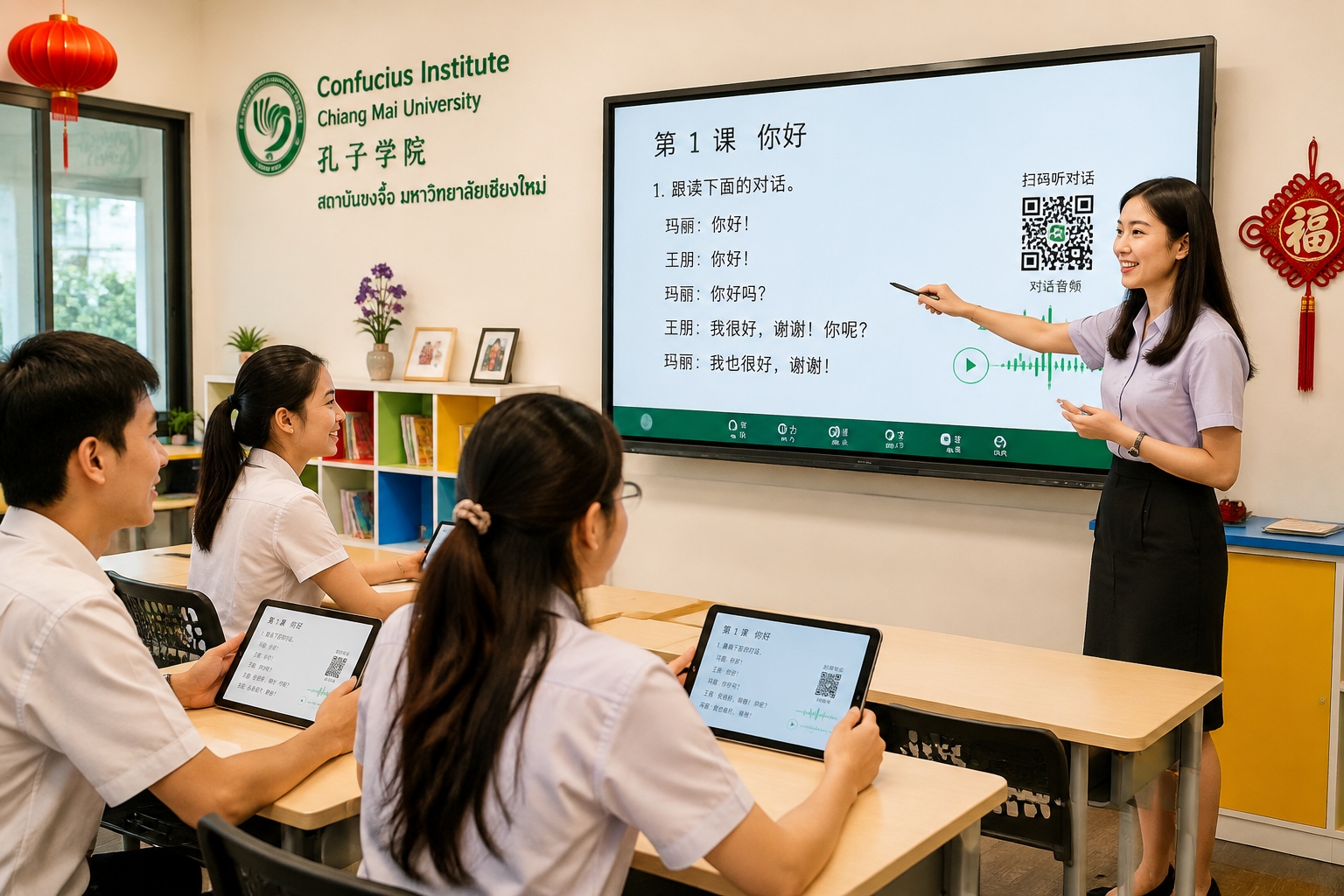 Teacher at a Confucius Institute using an interactive whiteboard with digital Chinese lesson and a waveform