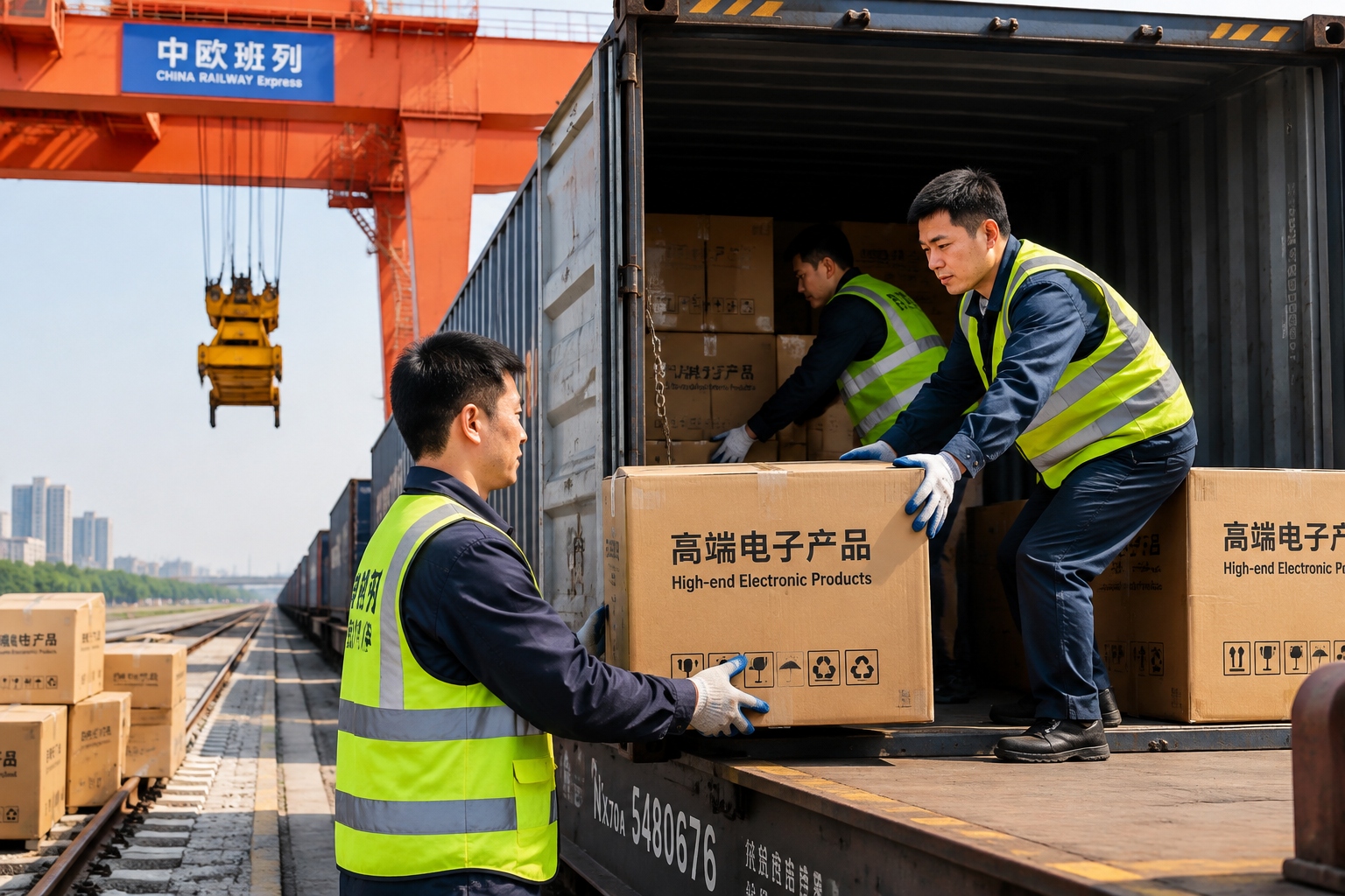 Workers loading laptop computers into a China-Europe Railway Express container