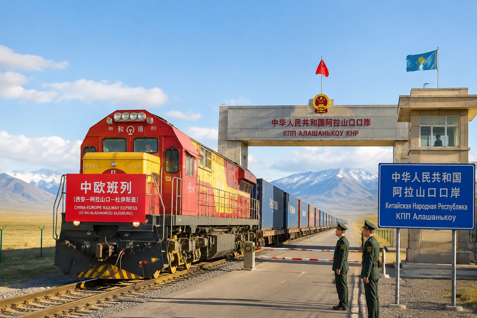 China-Europe freight train passing through Alashankou border checkpoint