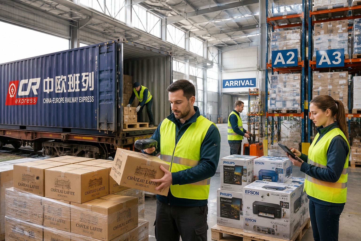 European workers unload wine and electronics from a China-Europe train container