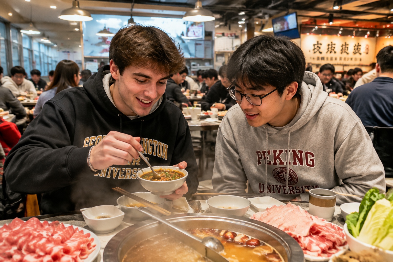Two college students enjoy a hotpot meal together at a busy restaurant near a Beijing university