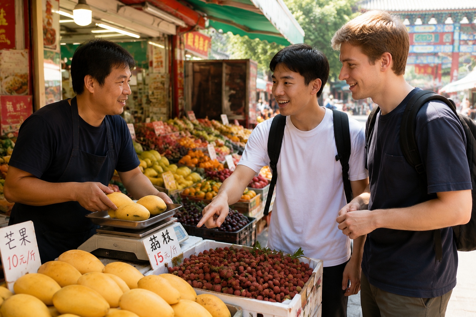Chinese roommate helping a foreign student bargain for fruit at a Beijing market