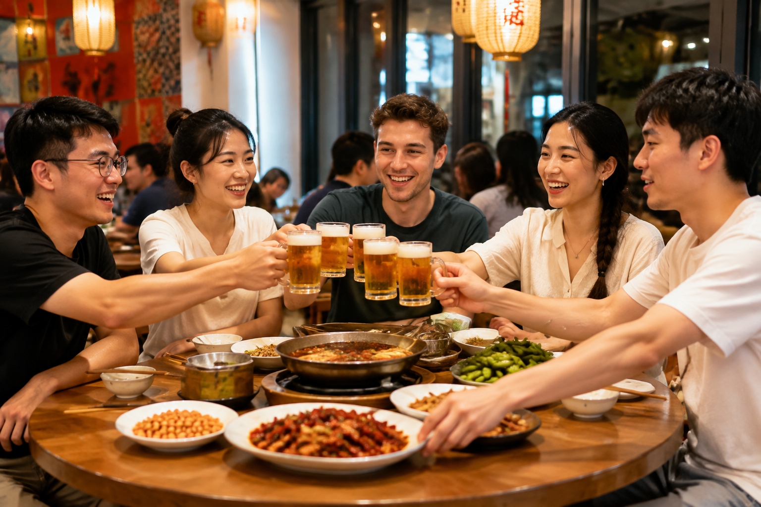 International and Chinese students toasting with friends at a casual dinner in Beijing