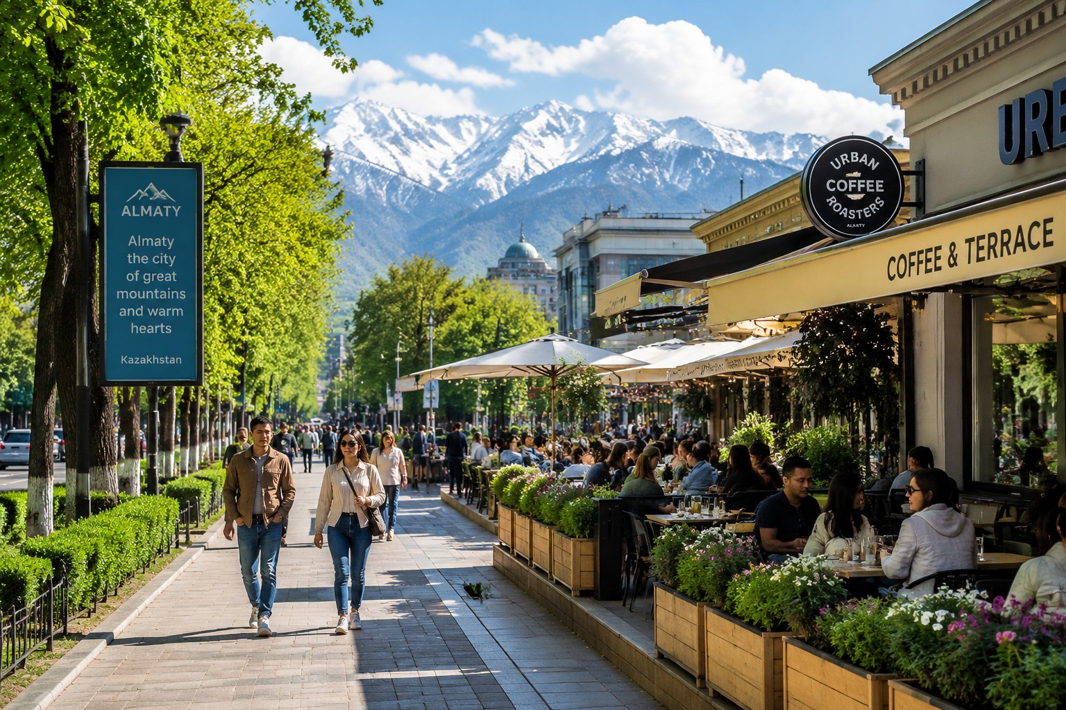 Picturesque city street in Almaty with snow-capped Tian Shan mountains and locals relaxing at a café.