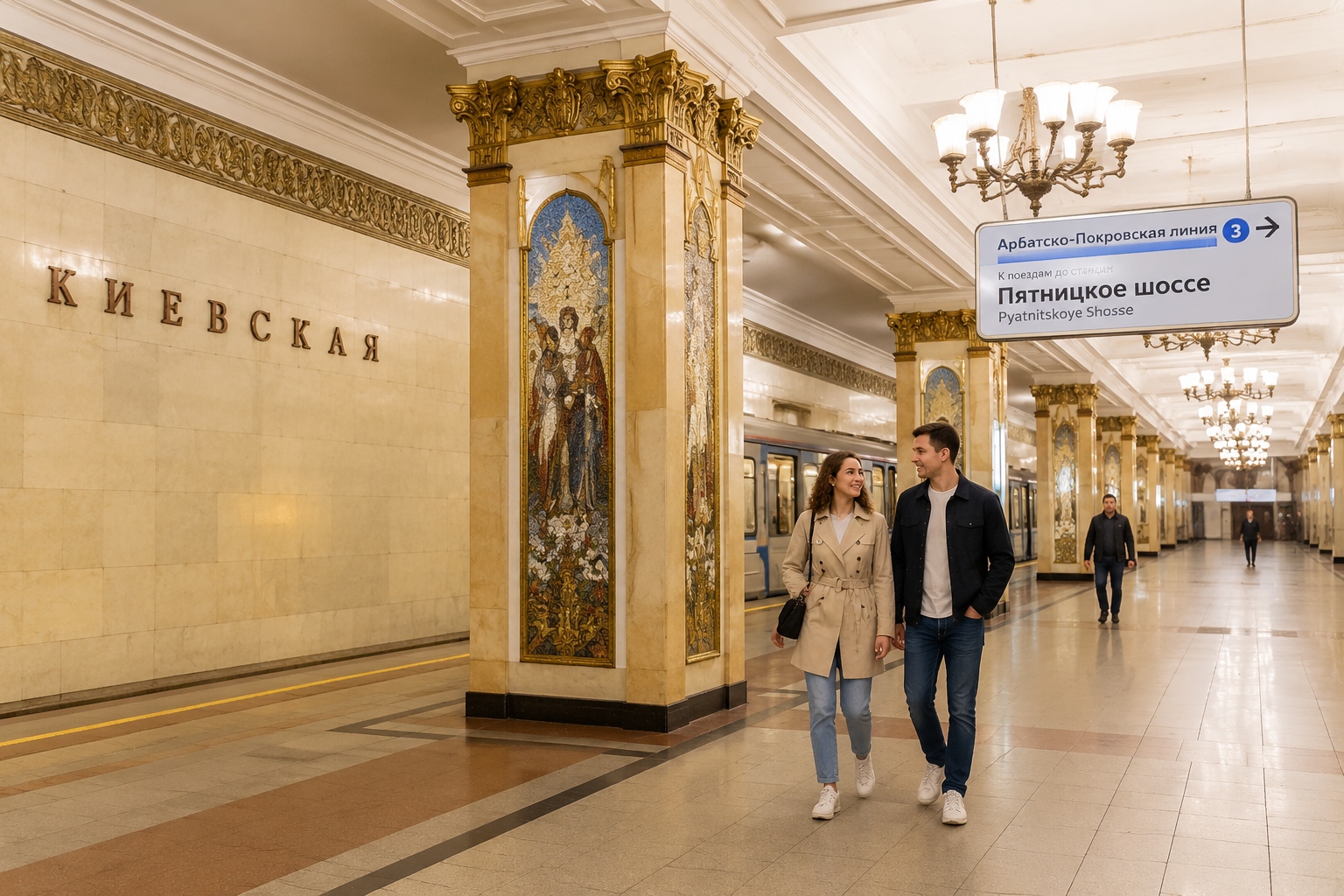 Ornate Moscow metro station with classic Soviet mosaics and daily commuters.