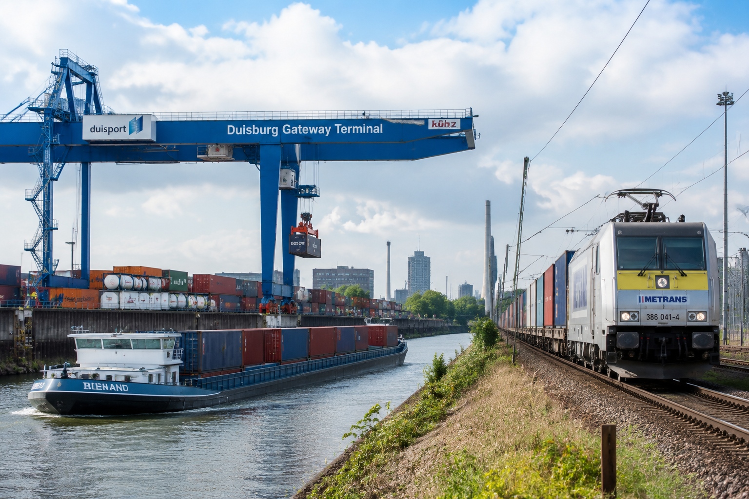 Duisburg inland port on the Rhine with cranes, a barge, and a container train.