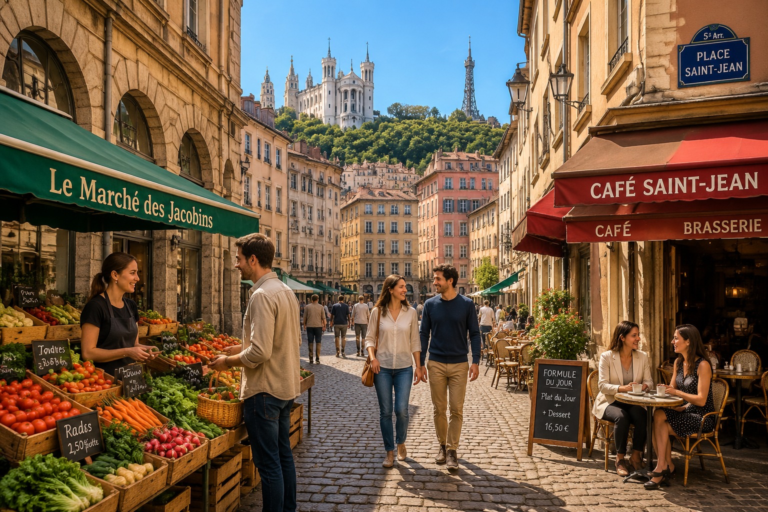 Historic cobblestone street and morning market in Lyon's old town.
