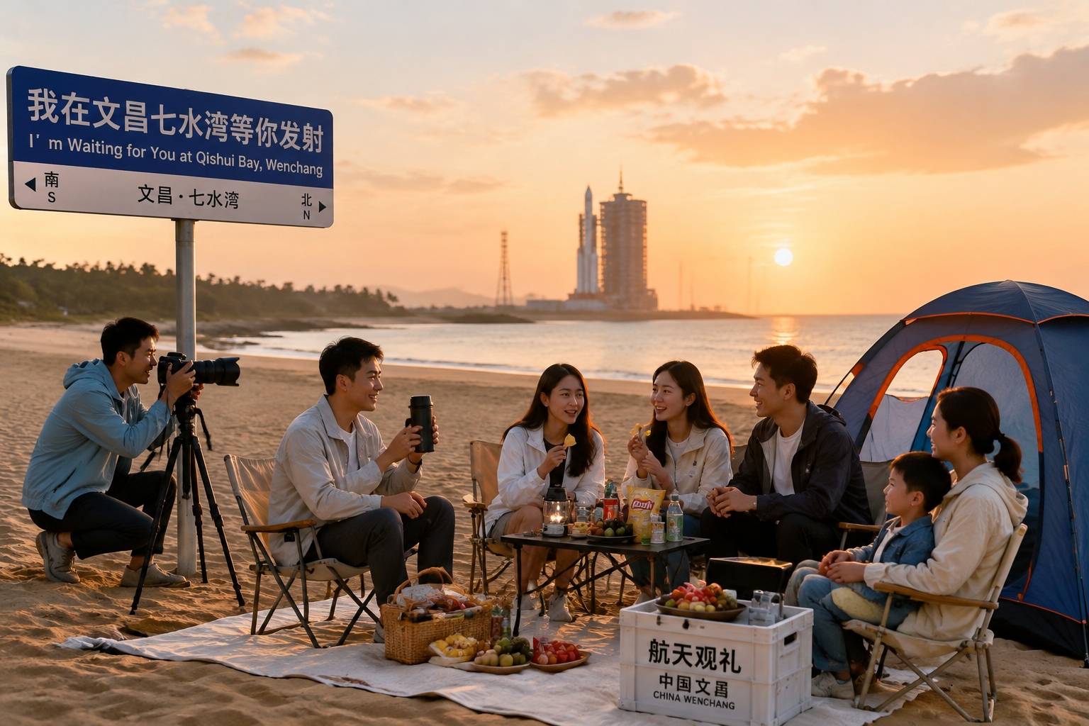 Families and young travelers waiting on Qishui Bay beach in Wenchang for a Long March 5 launch, with folding chairs, tents and cameras set up before sunrise