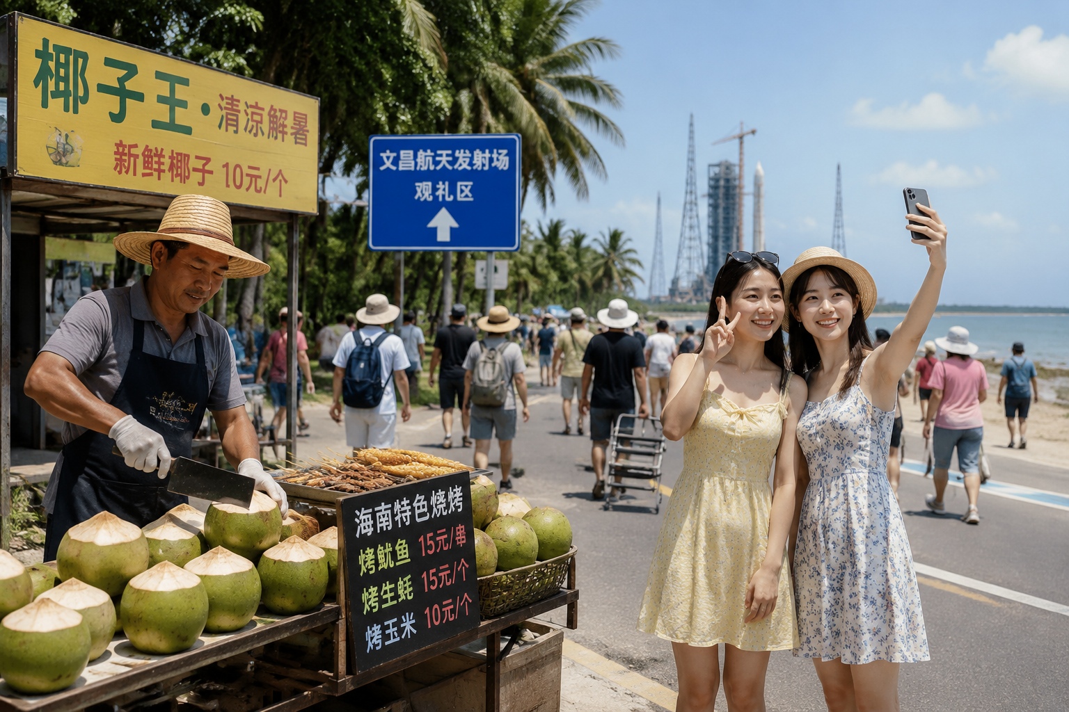 Vendors and spectators on the road near Wenchang Space Launch Site on launch day, people in sunhats buying snacks and drinks, some live-streaming on their phones, palm trees and ocean in background