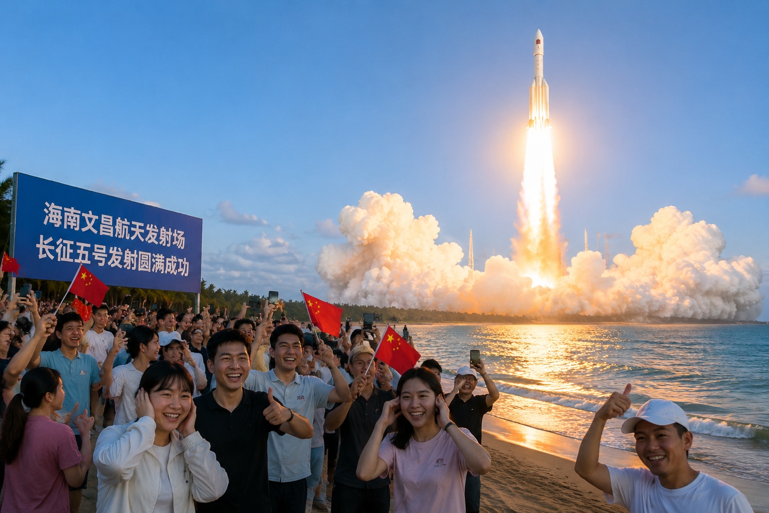 Rocket carrying the Long March 5 lifting off from Wenchang Space Launch Site, seen from a beach viewpoint, with a crowd in the foreground raising phones and flags, white smoke billowing across the water