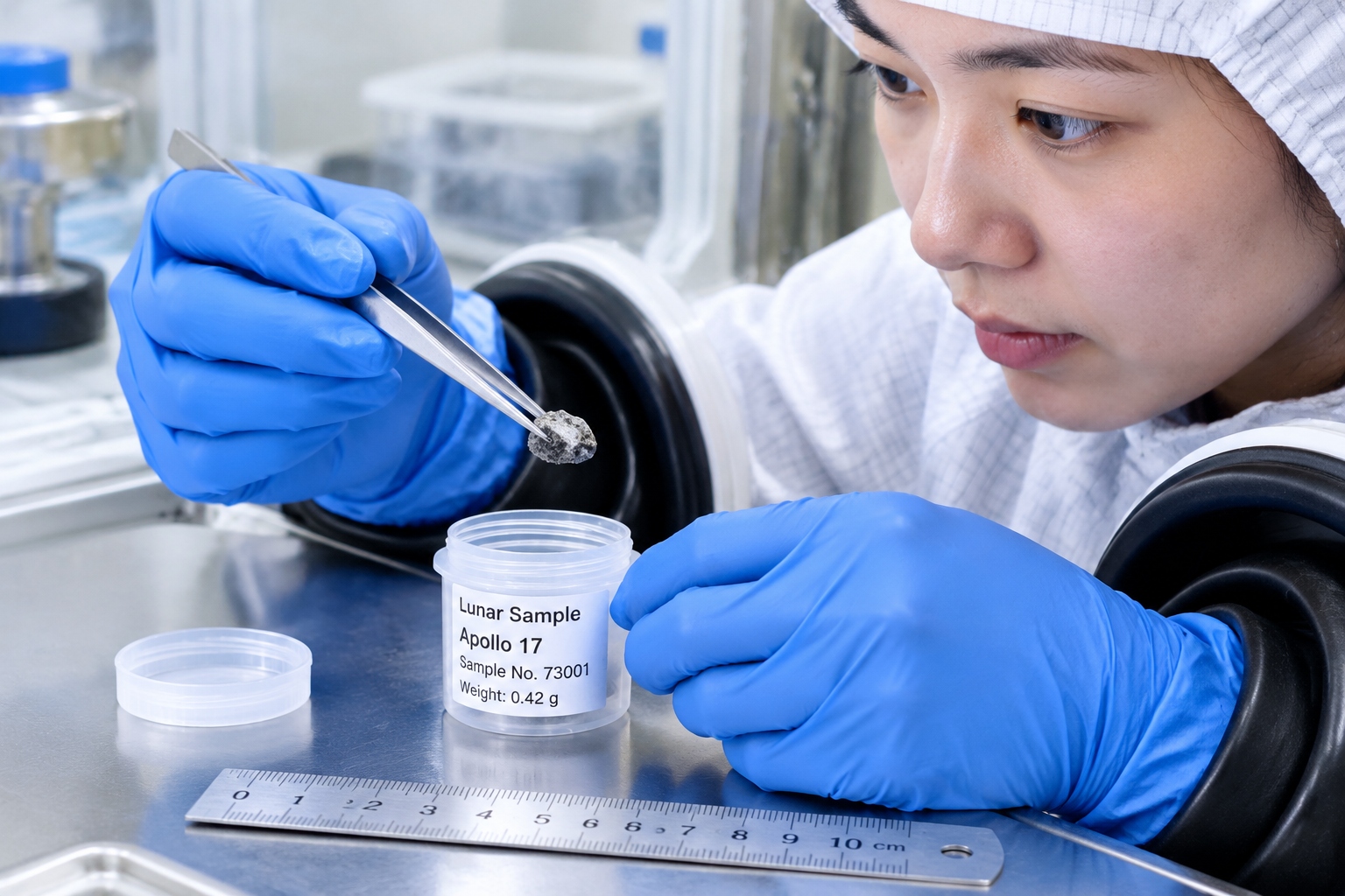 Scientist in protective gloves handling a lunar rock sample from Chang'e-6 in a cleanroom glovebox.