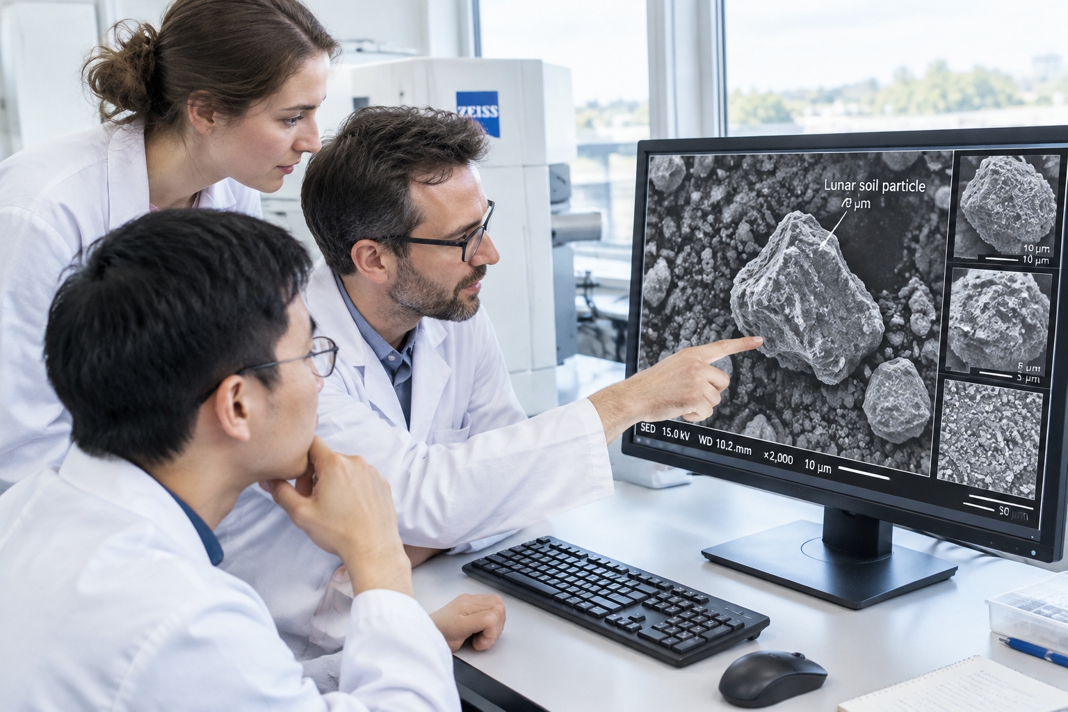 Scientists examining microscopic images of Chang'e-6 lunar soil samples on a scanning electron microscope monitor.
