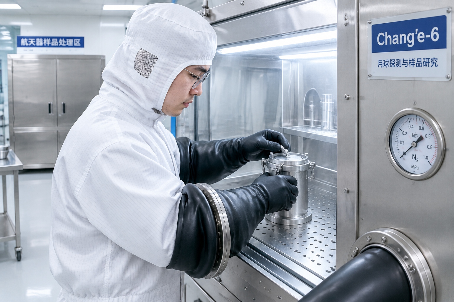 Technician sealing the Chang'e-6 sample container in a cleanroom under inert atmosphere.