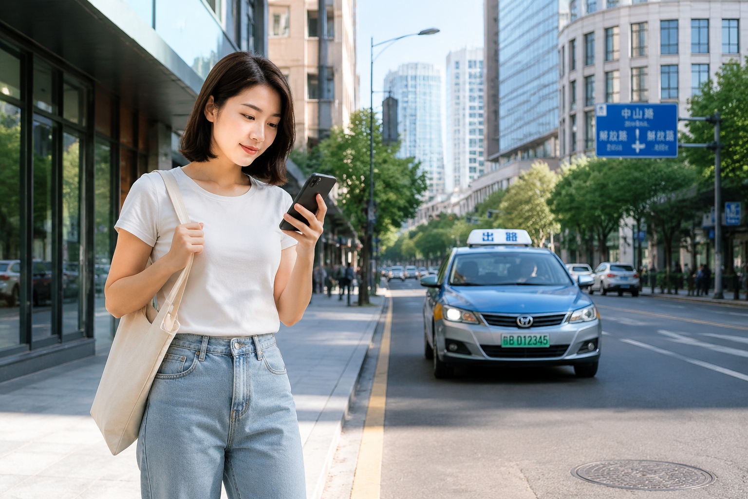 A woman in a Chinese city uses a ride-hailing app on her smartphone while a taxi approaches