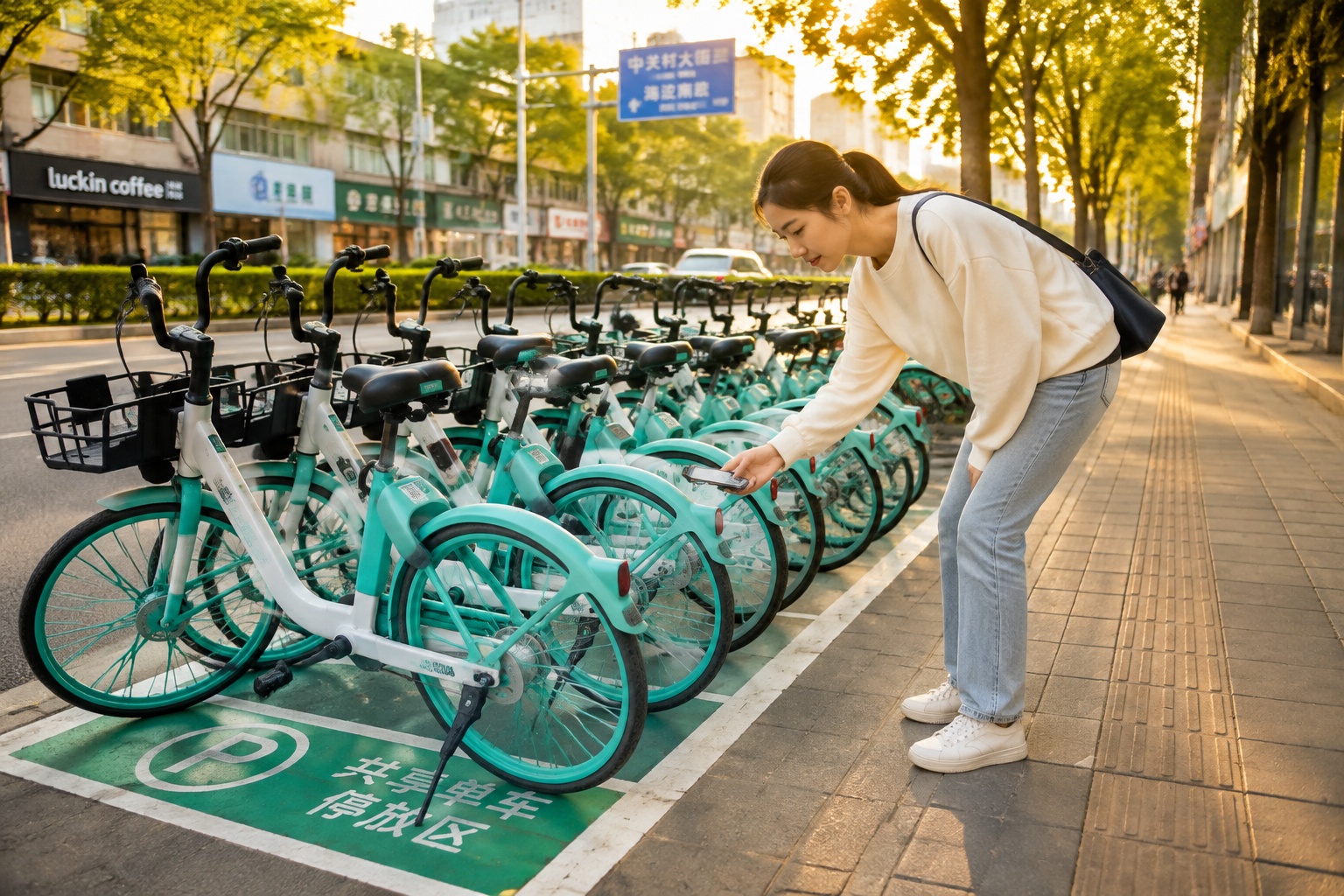 People use shared bikes parked inside an electronic fence in a Chinese city
