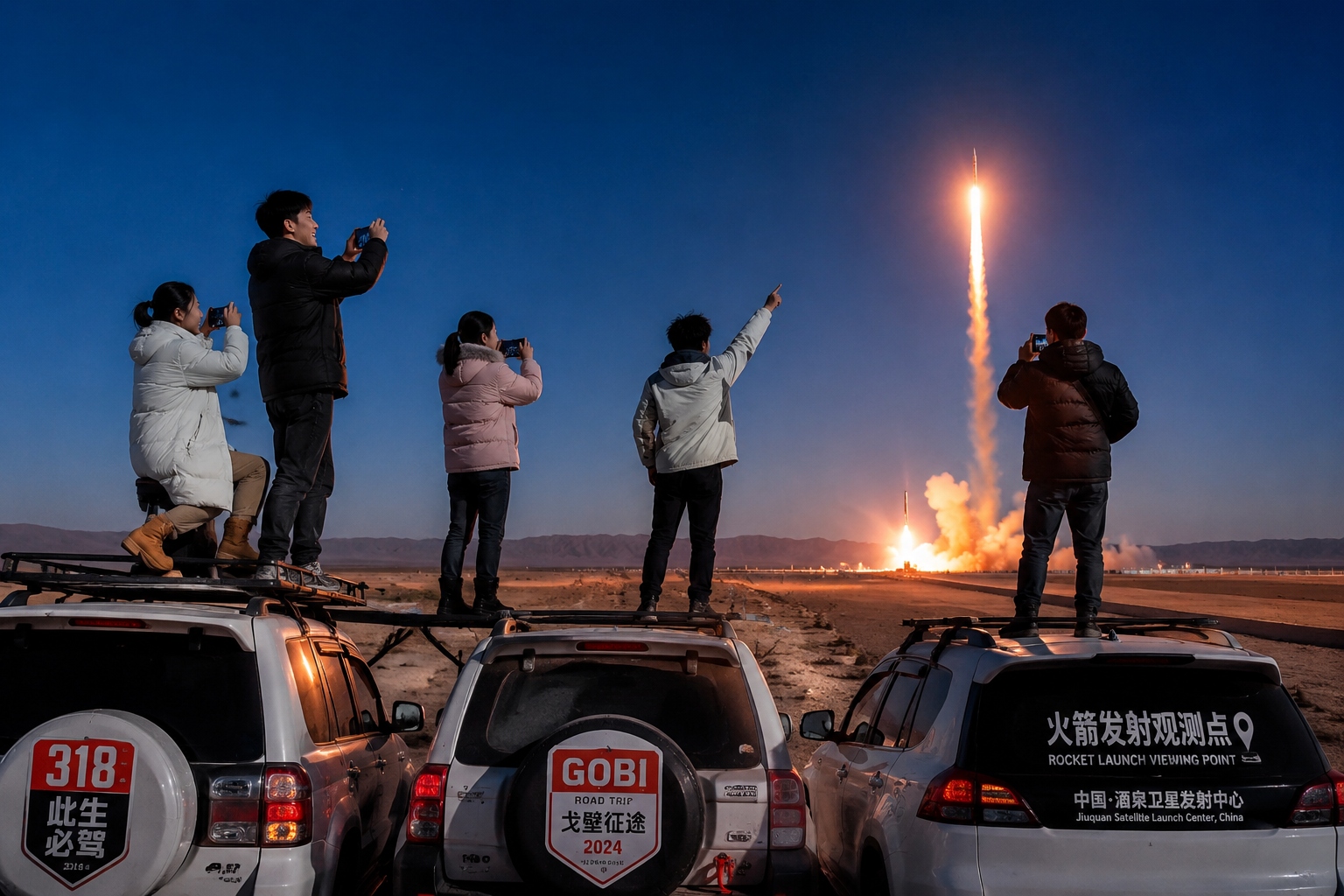 Young Chinese travelers watching a rocket launch from the Gobi Desert at night
