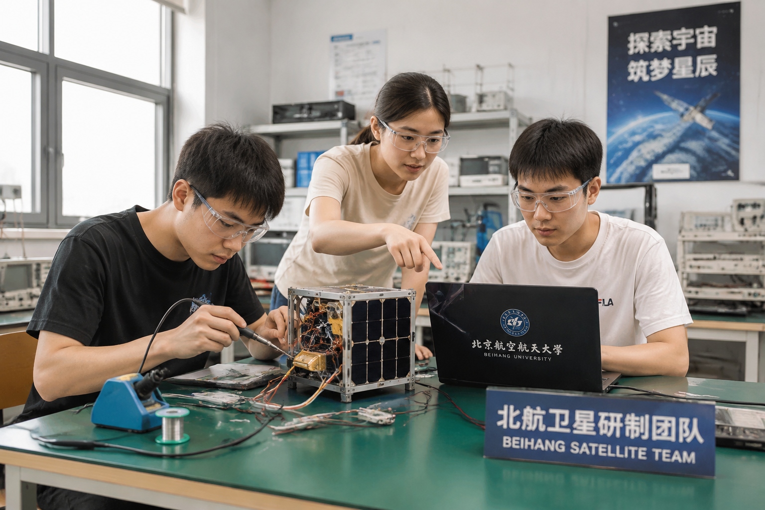 Chinese university students assembling a small satellite in a campus laboratory