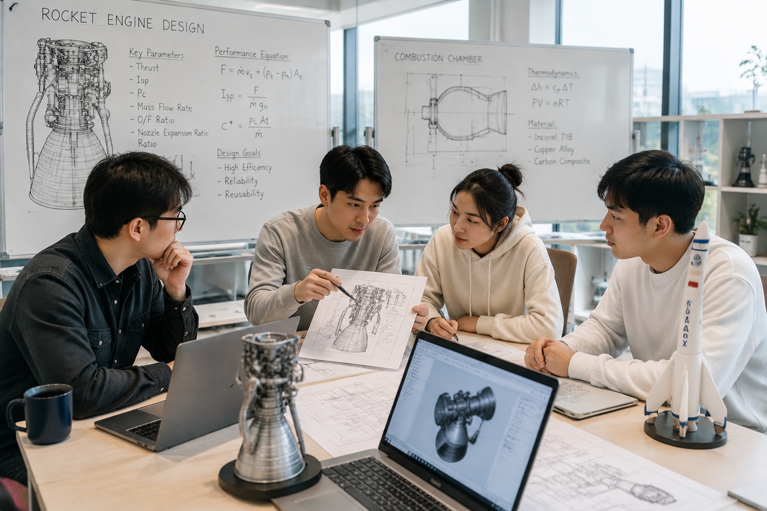 Young engineers at a Chinese commercial space startup discussing a rocket design