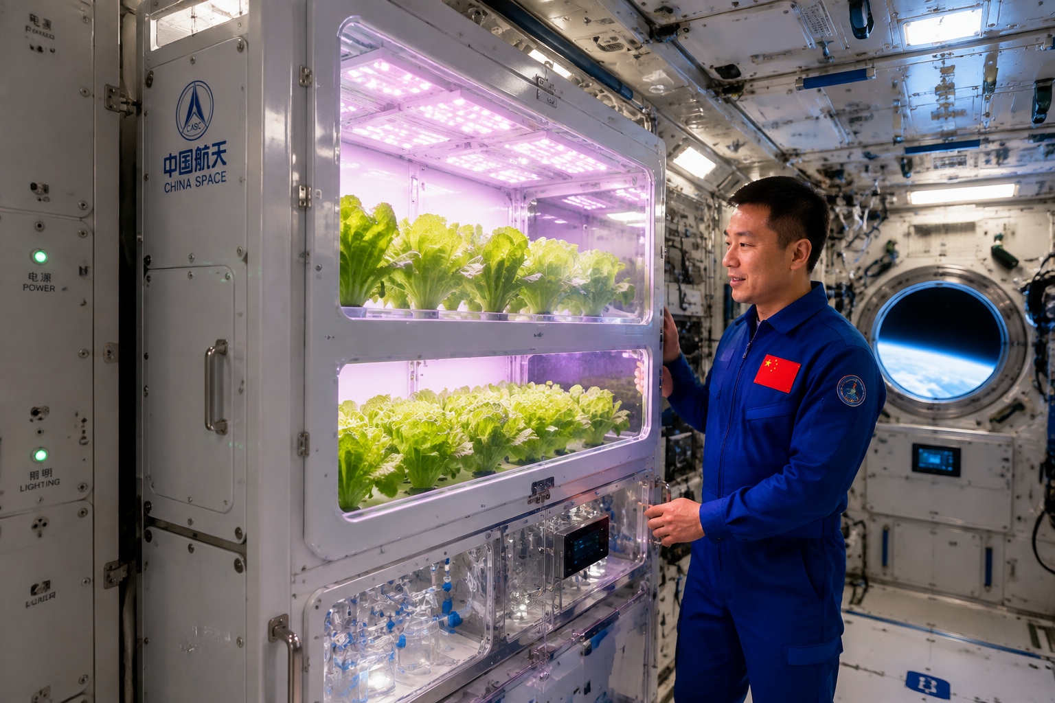 Space vegetable growth chamber on Tiangong station with green lettuce under LED lights