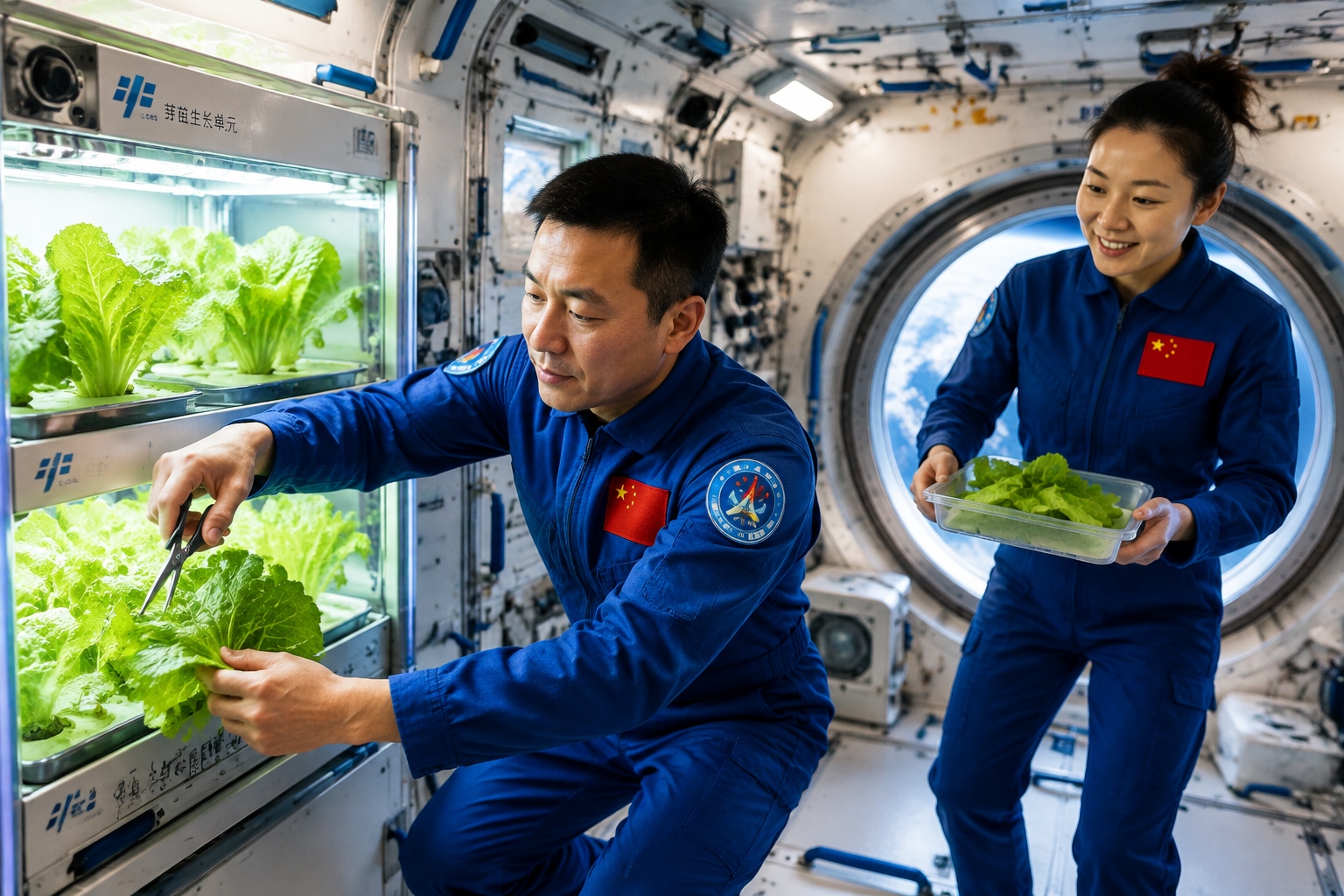Chinese astronaut harvesting lettuce on Tiangong space station with Earth visible through window