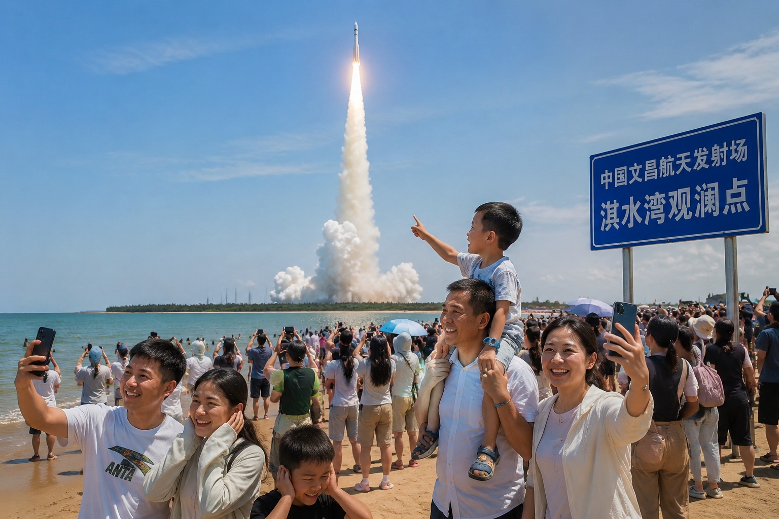 Crowds on Wenchang beach watching a Long March 5 rocket launch into the sky