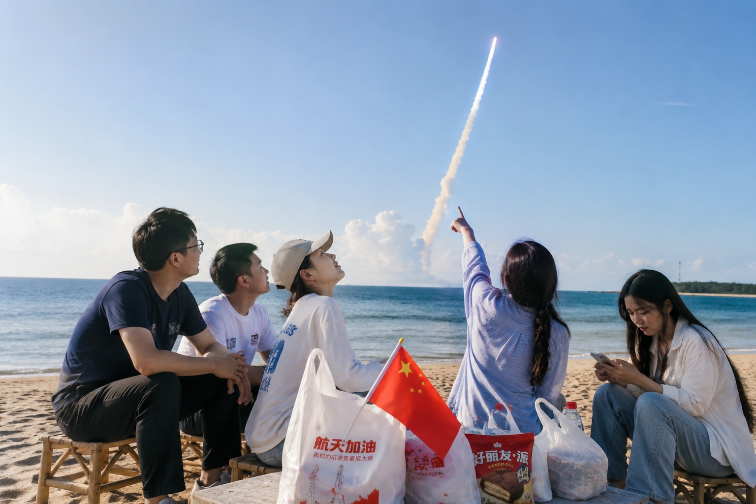 Young Chinese spectators celebrating after watching a rocket launch from Wenchang beach