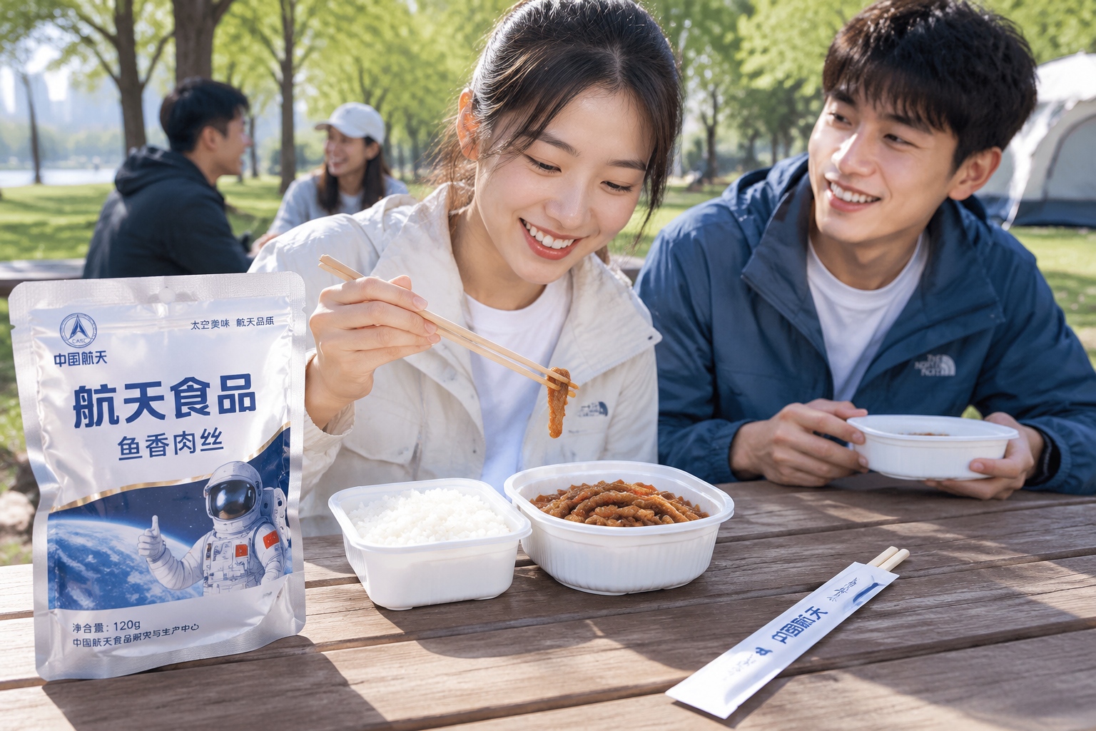 A Chinese space meal package with rice and fish-flavored pork strips placed on a park picnic table, showing how space food is displayed to the public