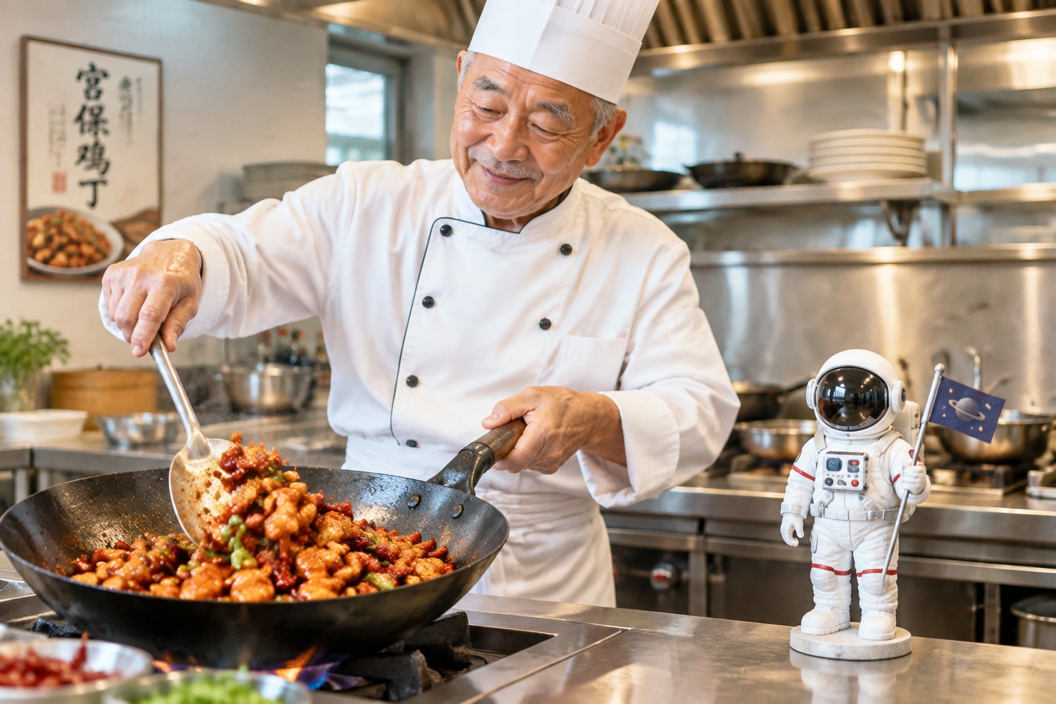 A Chinese chef stir-frying Kung Pao Chicken in a wok while a small astronaut figurine watches from the counter, representing the connection between everyday Chinese home cooking and space food