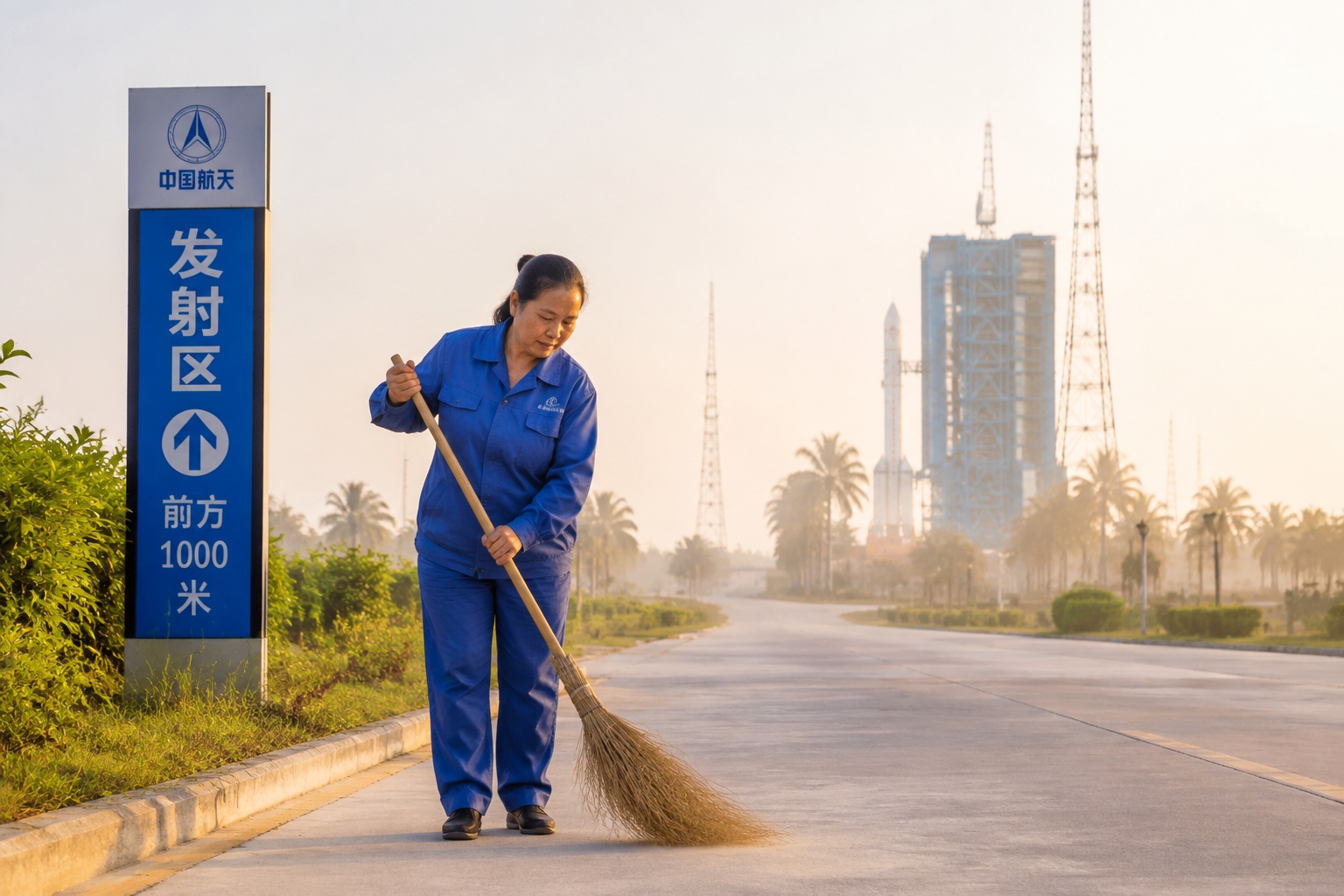 A Chinese cleaner sweeps the ground near a rocket launch pad at dawn, with a distant launch tower in the background.
