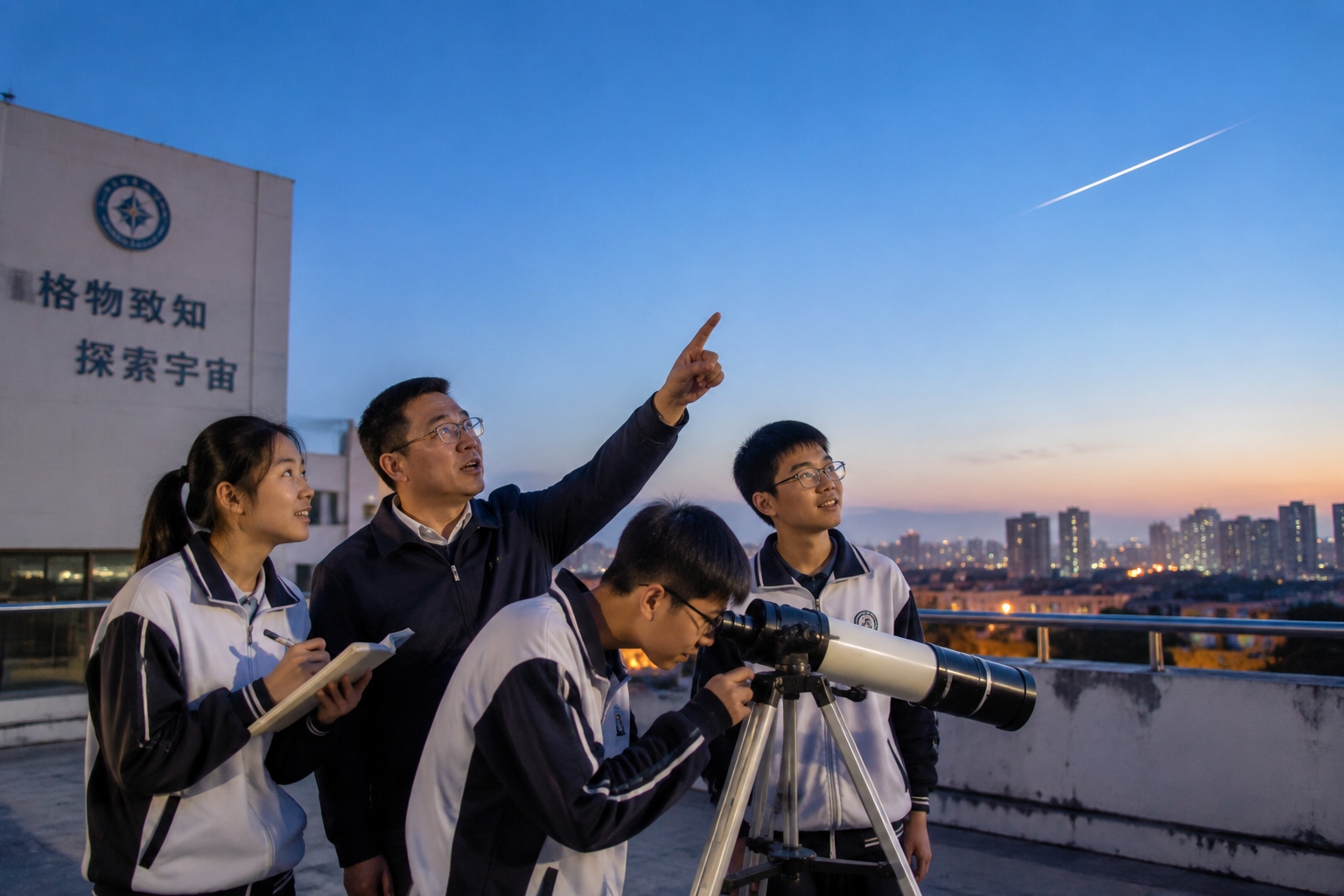 Students and their teacher observe a satellite pass with a telescope from a school rooftop in Nanjing at dusk.