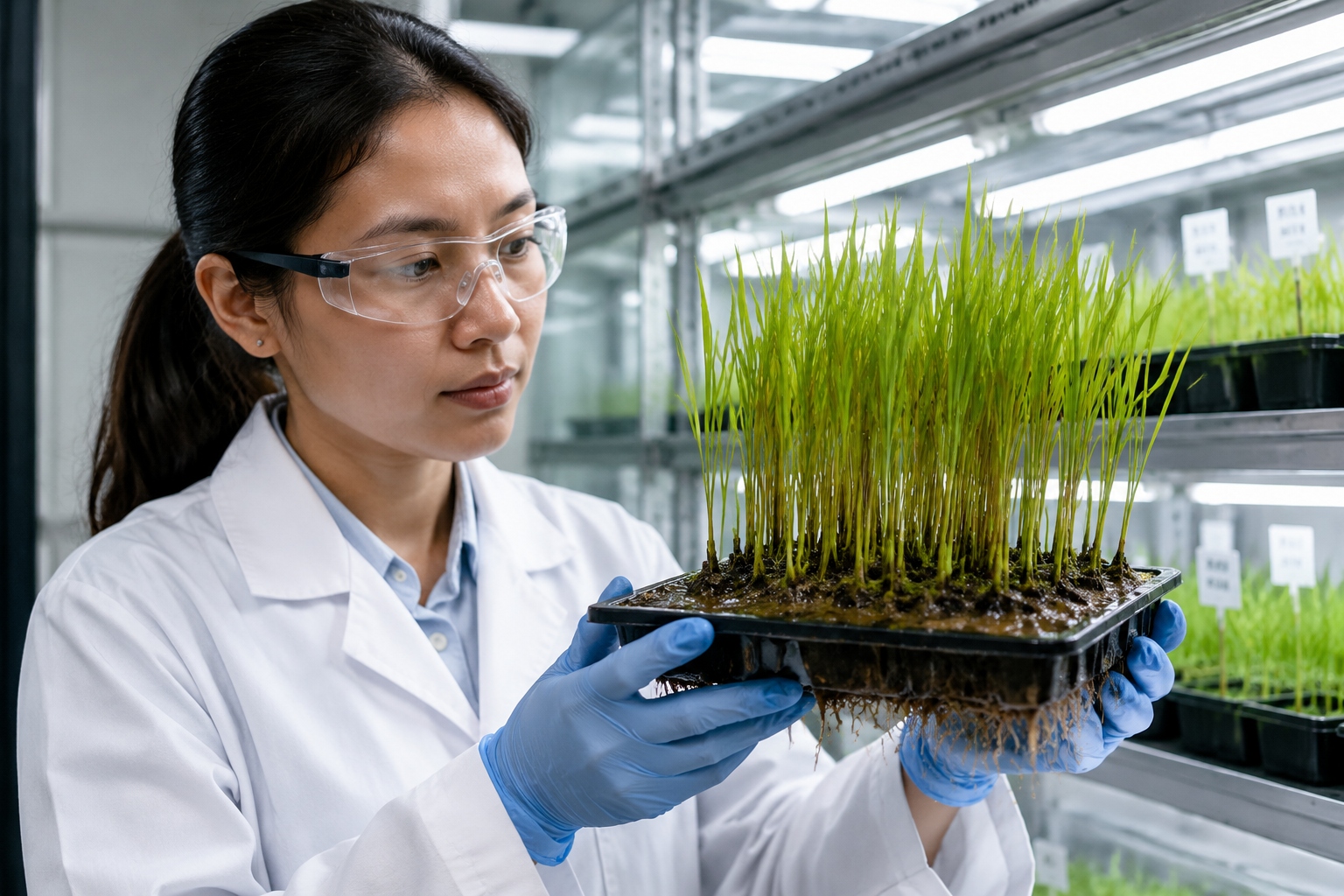 A female seed scientist in a lab coat examines young rice seedlings in a climate-controlled growth chamber at a Chinese agricultural research institute.