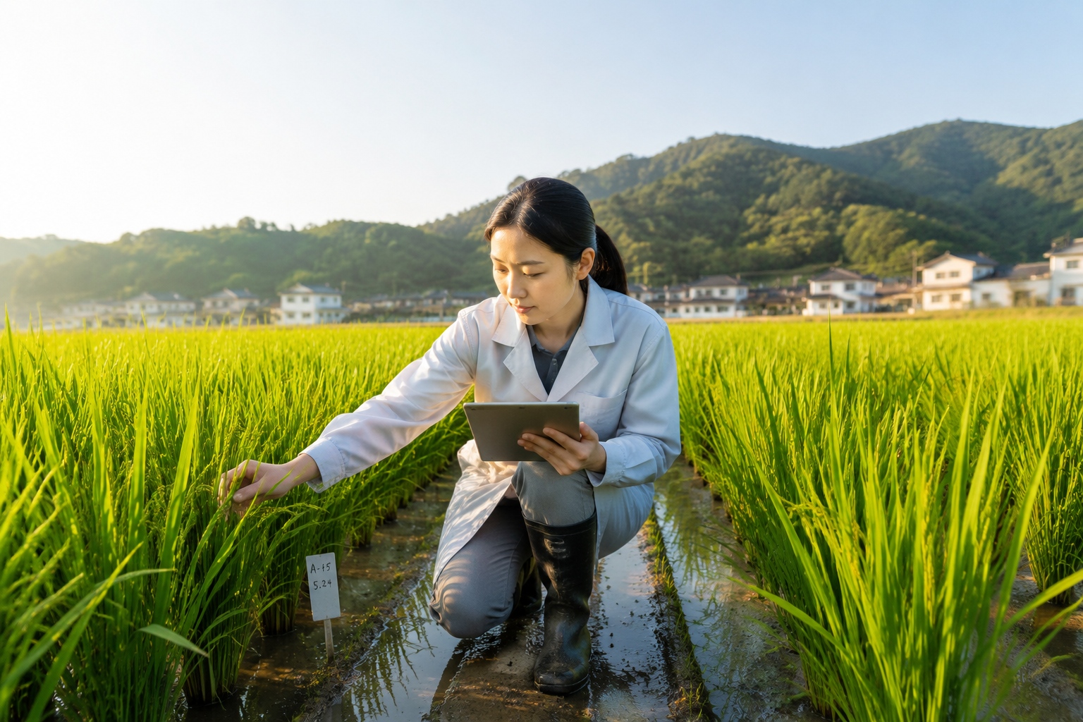 Wang Xiaomei inspects rice plants in a field trial plot in rural Anhui, one of the test sites for her low-cadmium rice breeding lines.