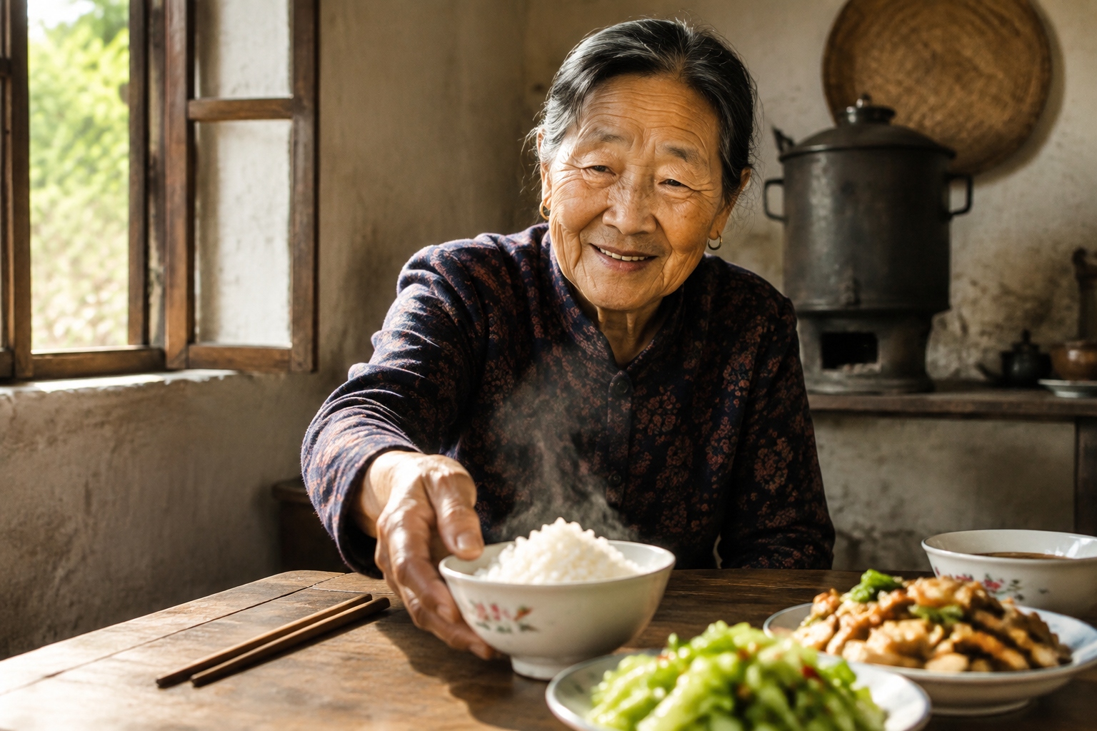 A bowl of freshly cooked rice on a rural Chinese kitchen table, a reminder of the ordinary dinner table that seed science aims to reach.