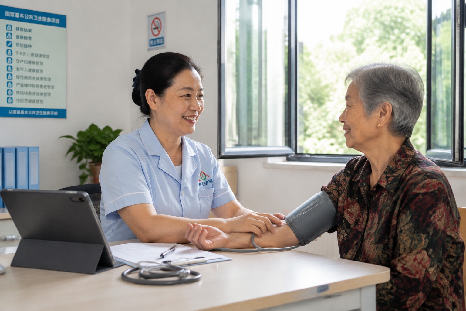 Community health nurse taking blood pressure of an elderly woman at a community health center in China