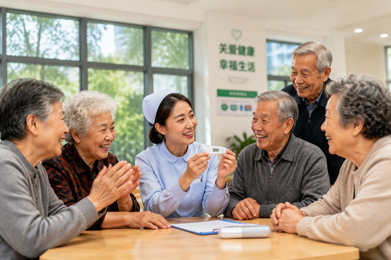 Young female community health worker teaching elderly residents how to use a digital thermometer in China