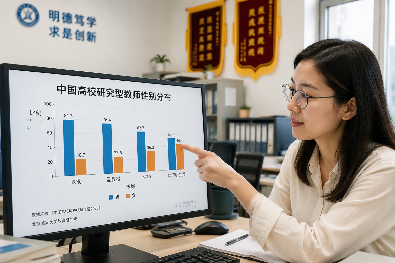 Female researcher pointing at gender distribution chart on a computer screen in a Chinese university office, showing the low proportion of women in senior academic positions