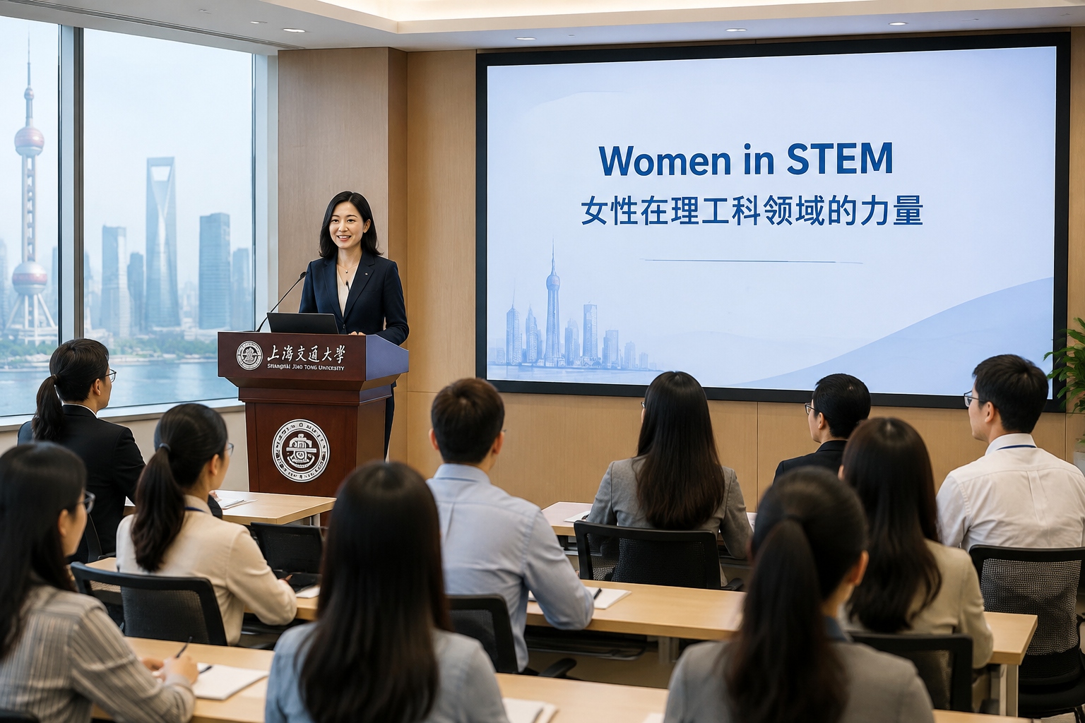 Female professor presenting a Women in STEM slide at a Chinese university conference, with an engaged mixed-gender audience