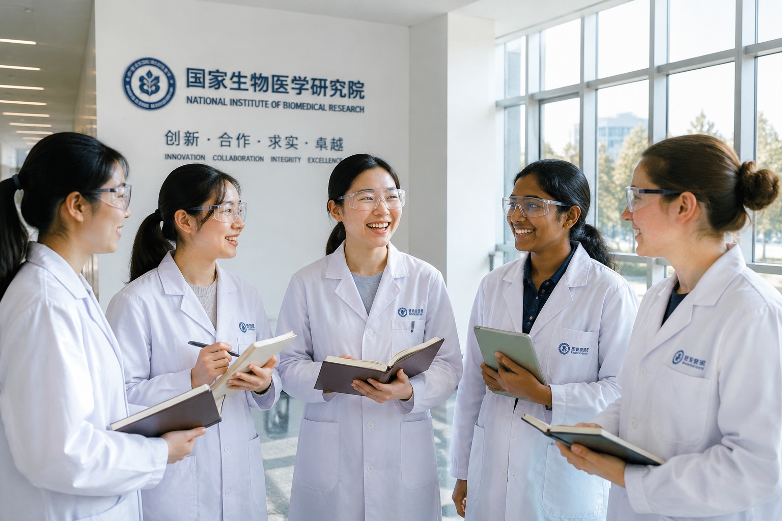 Young male and female scientists talking in the corridor of a modern Chinese research institute, showing a more gender-balanced generation