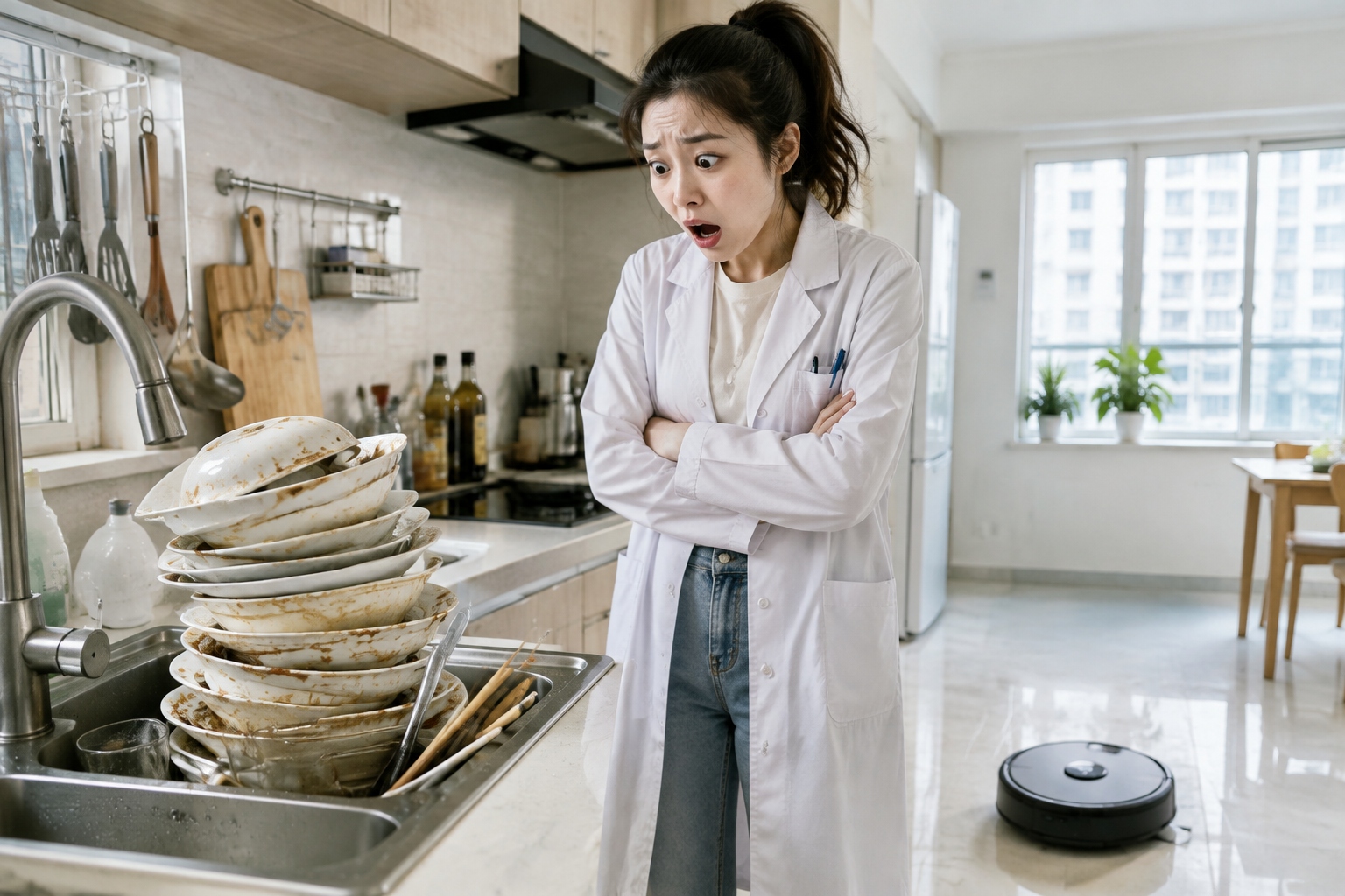 Female scientist looking overwhelmed by dirty dishes in a modern Chinese kitchen with a robot vacuum nearby.