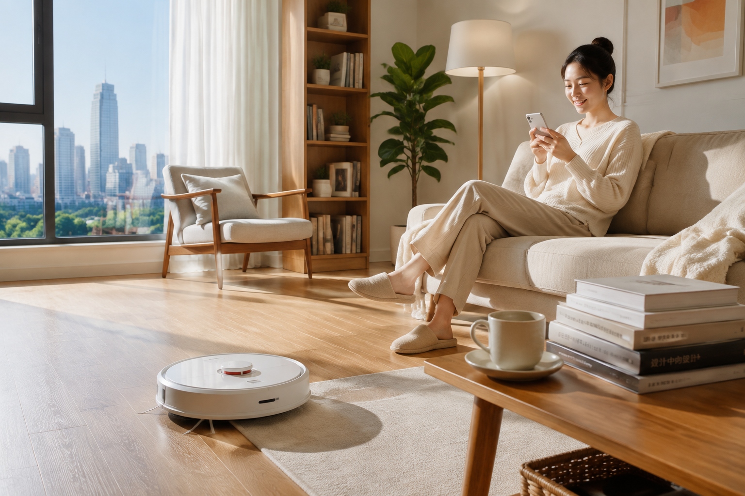 Robot vacuum cleaning a bright living room floor in a Chinese apartment, with a cup of coffee and books nearby.