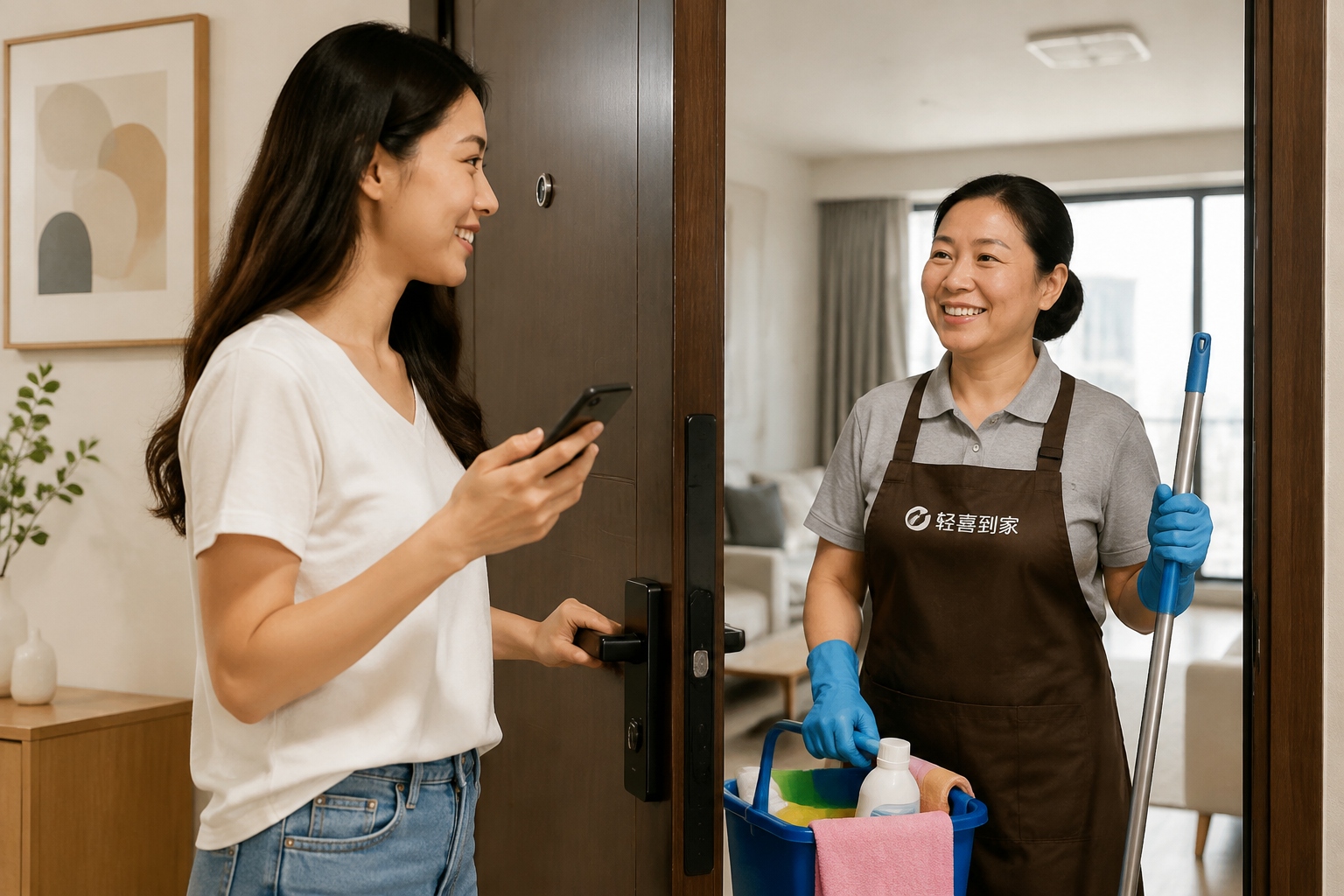 Young Chinese woman booking a cleaner through a mobile app, a friendly auntie at the door with cleaning supplies.