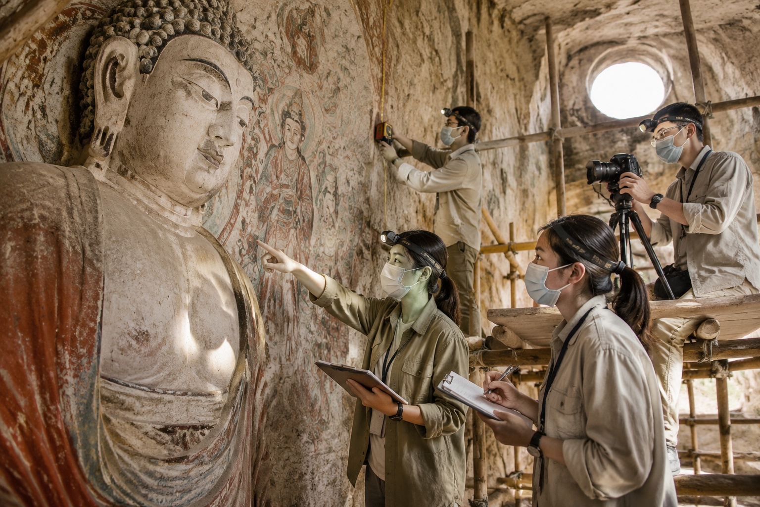 Team of researchers documenting a Buddha statue on scaffolding in a Mogao cave