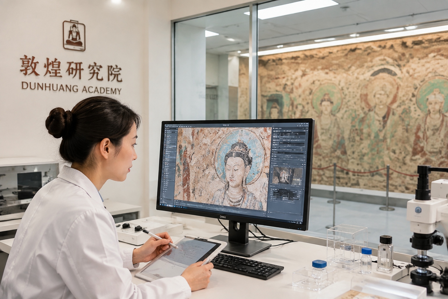 Female researcher analyzing a digital scan of a Dunhuang mural in the modern conservation lab