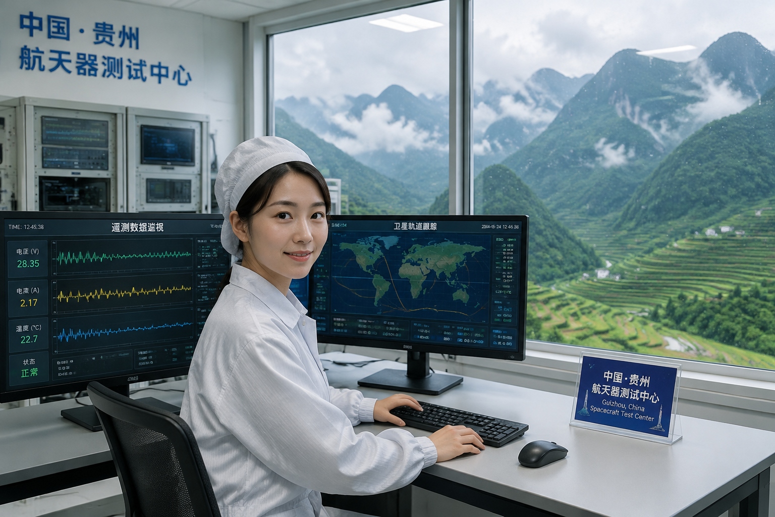 Female engineer monitoring satellite telemetry data in a cleanroom laboratory with Guizhou mountains visible through the window