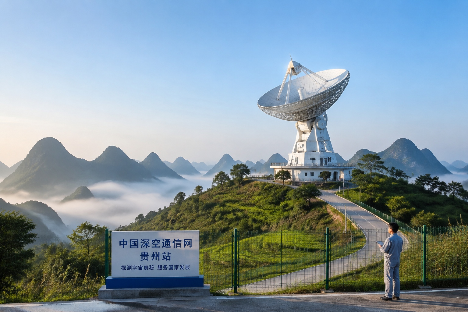 Satellite dish and space communication facility on a green mountaintop in rural Guizhou, China