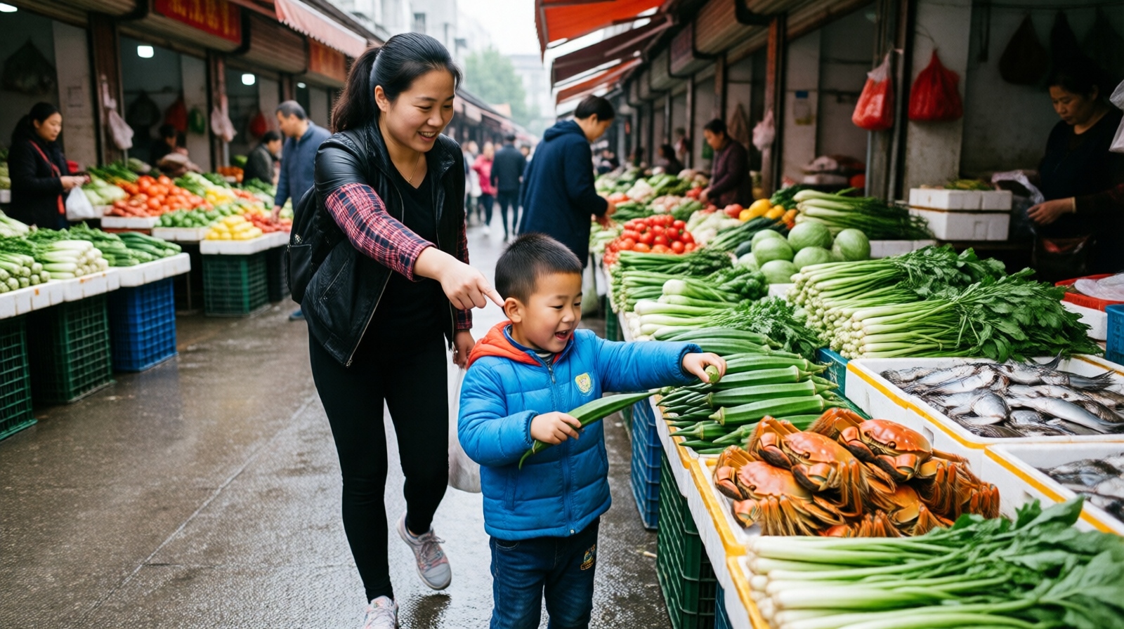 Chinese mother and son picking fresh vegetables at a wet market in Nanjing
